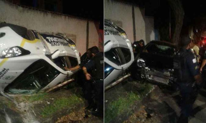 Com o impacto, veículos foram parar na calçada. Viatura da Guarda capotou(foto: Guarda Municipal/Divulgação) Com o impacto, veículos foram parar na calçada. Viatura da Guarda capotou(foto: Guarda Municipal/Divulgação)