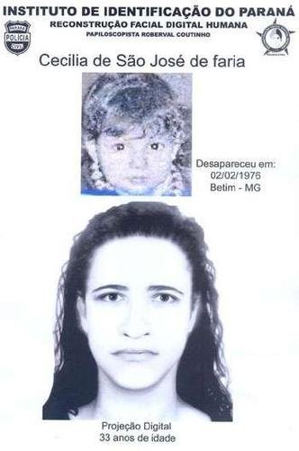 Cecília em 1976 e projeção de como estaria aos 33 anos Cecília em 1976 e projeção de como estaria aos 33 anos