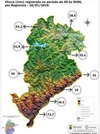 Mapa mostra volume acumulado de chuva na capital(foto: Defesa Civil/Divulgao)