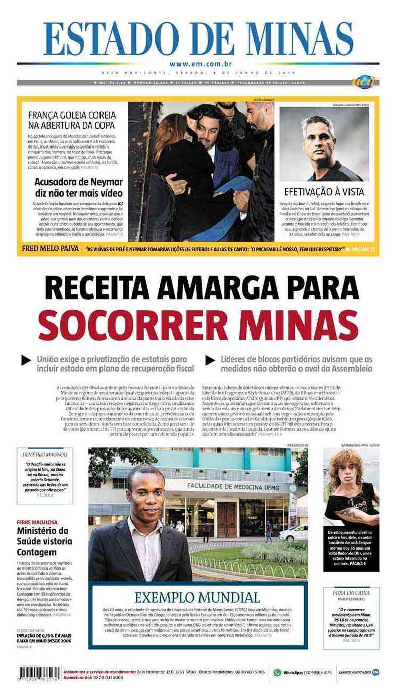 Confira a Capa do Jornal Estado de Minas do dia 08/06/2019(foto: Estado de Minas)