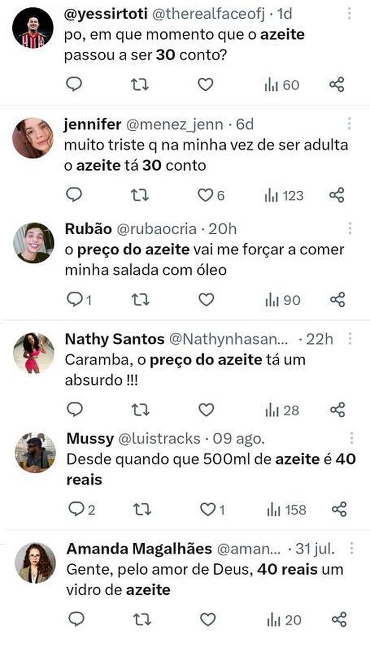 Consumidores reclamando do preo do azeite na rede social X (novo nome do Twitter)