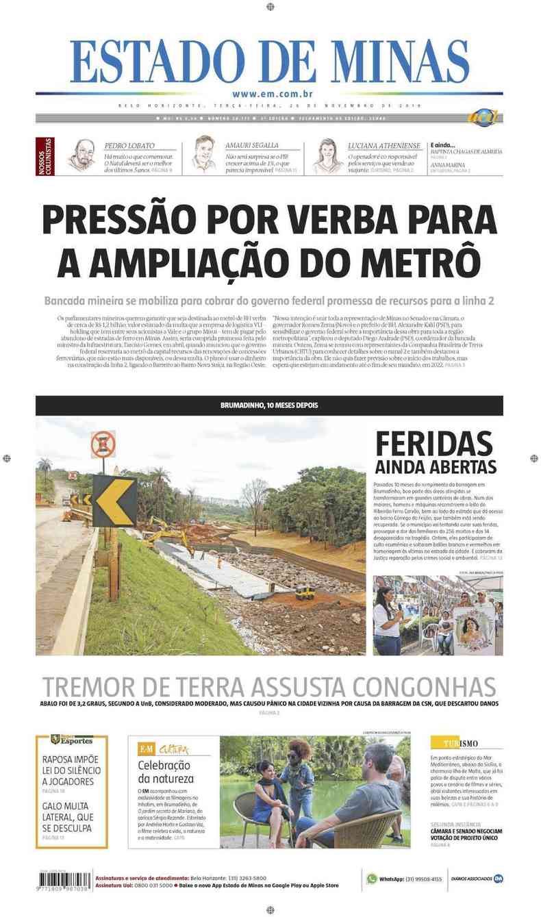 Confira a Capa do Jornal Estado de Minas do dia 26/11/2019(foto: Estado de Minas)