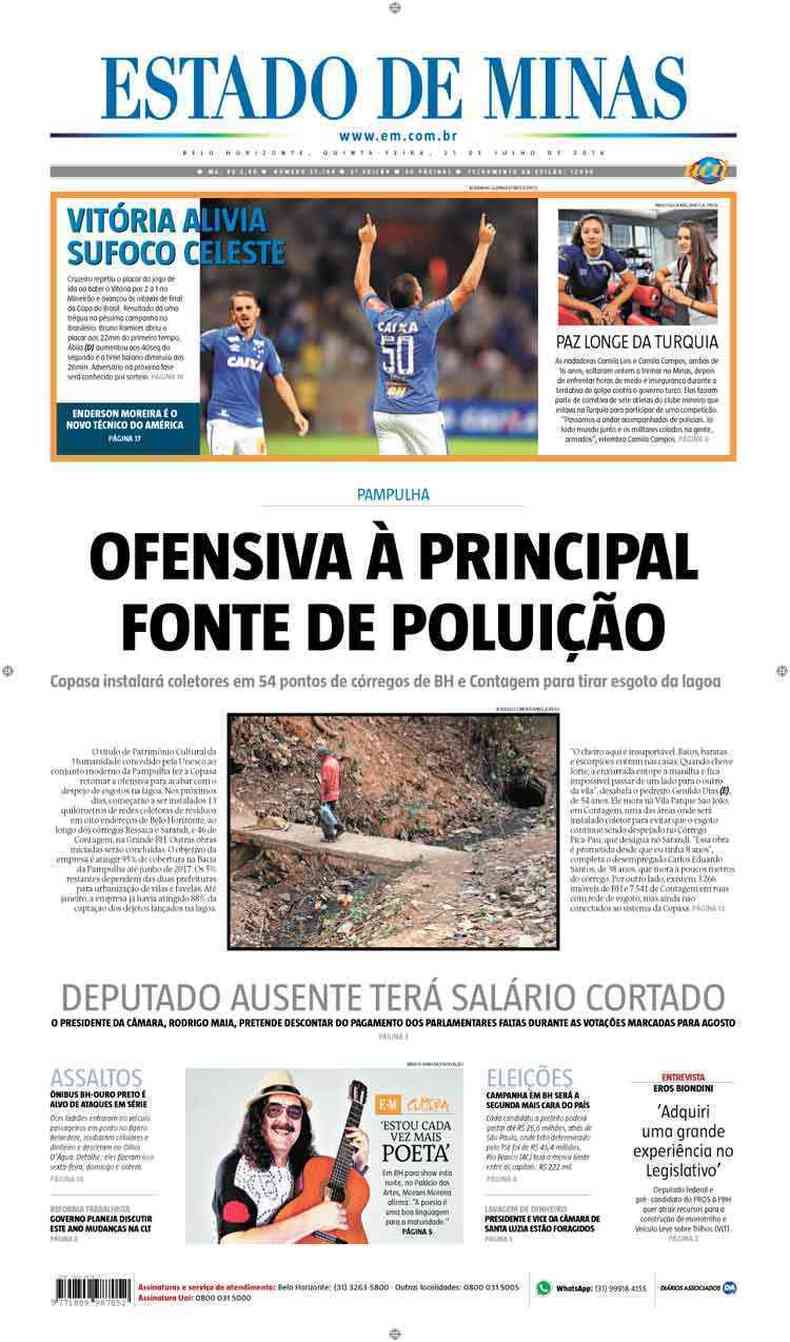 Confira a Capa do Jornal Estado de Minas do dia 21/07/2016