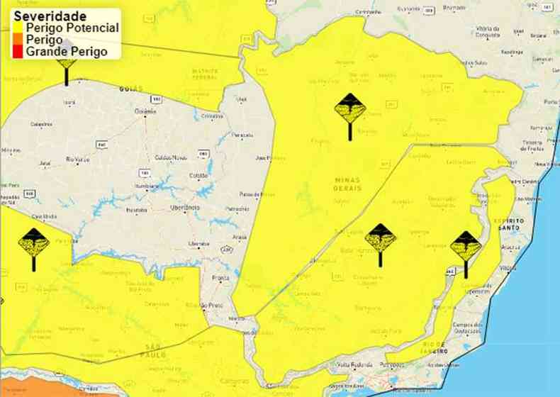 reas chuvosoas (em amarelo) representam alertas em Minas Gerais e na Grande BH(foto: Reproduo/Inmet)