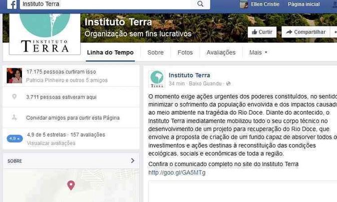 Post publicado no Facebook às 18h50 (foto: Reprodução/Facebook/Instituto Terra) Post publicado no Facebook às 18h50 (foto: Reprodução/Facebook/Instituto Terra)