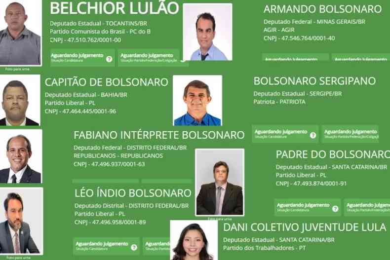 prints de imagem de candidatos no site do TSE que usam nomes de Lula e Bolsonaro nas urnas