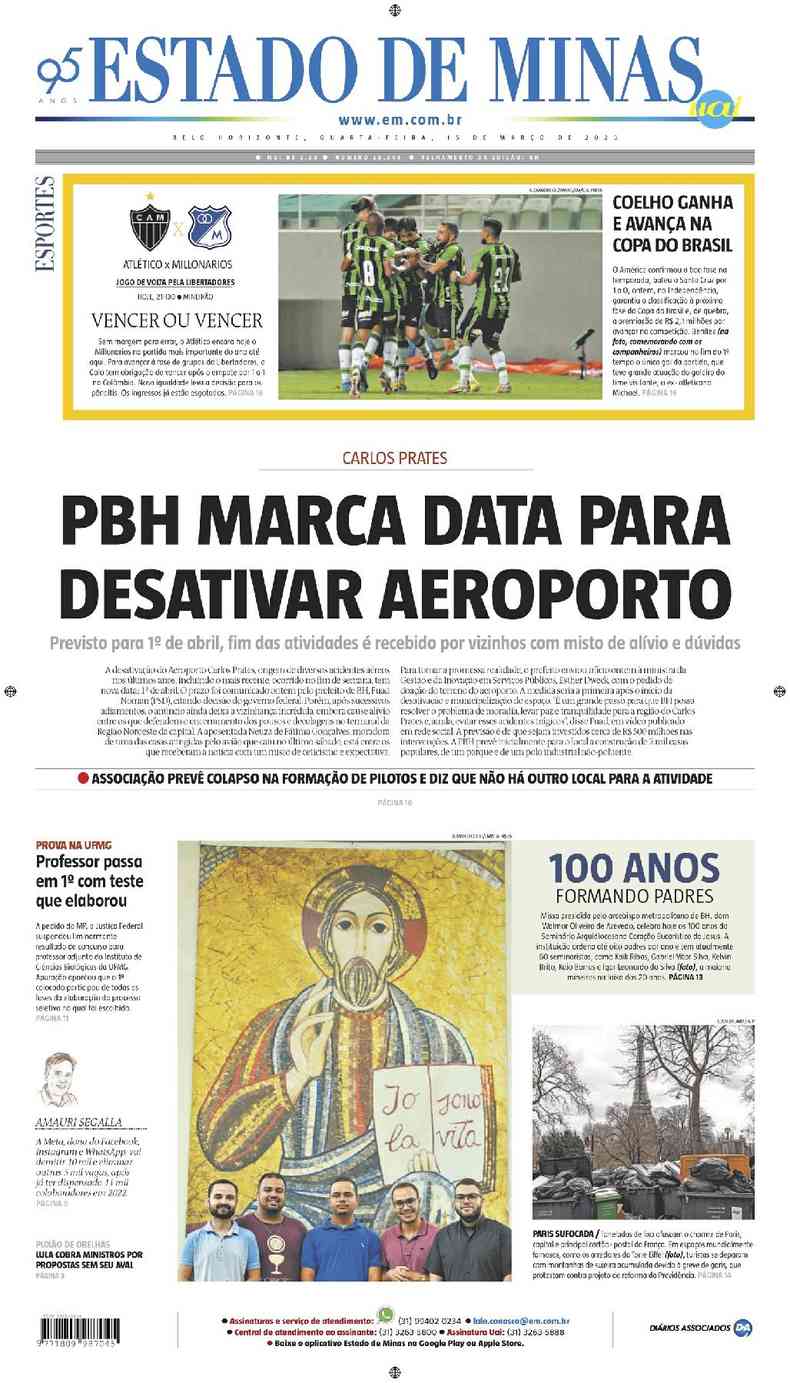 Confira a Capa do Jornal Estado de Minas do dia 15/03/2023
