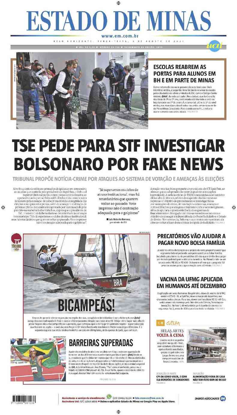 Confira a Capa do Jornal Estado de Minas do dia 03/08/2021(foto: Estado de Minas)