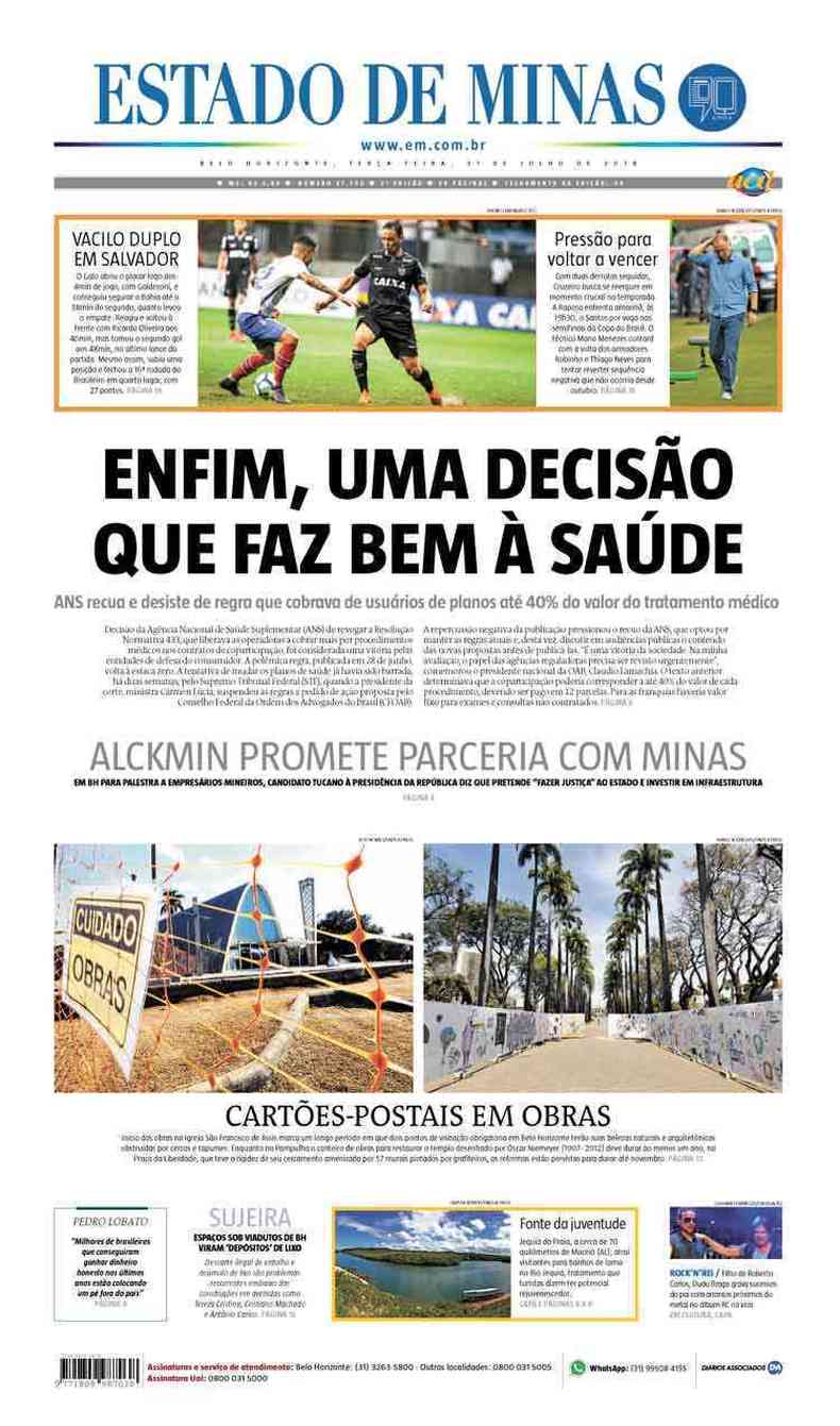 Confira a Capa do Jornal Estado de Minas do dia 31/07/2018