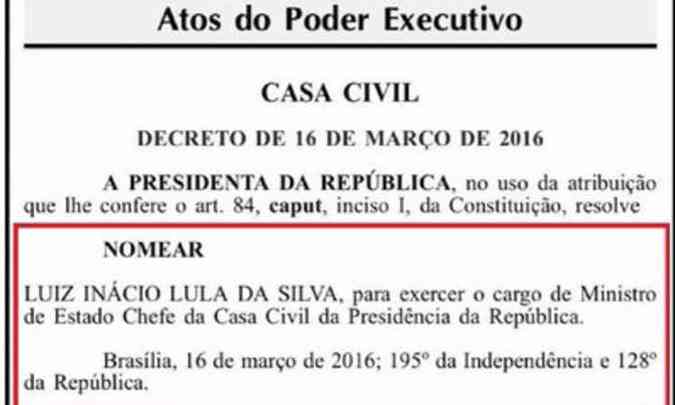 Documento de nomeao do ex-presidente Lula (foto: Reproduo da internet %u2013 16/3/16)
