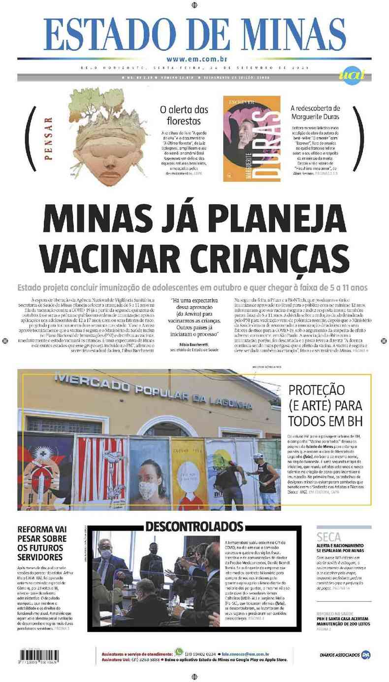 Confira a Capa do Jornal Estado de Minas do dia 24/09/2021