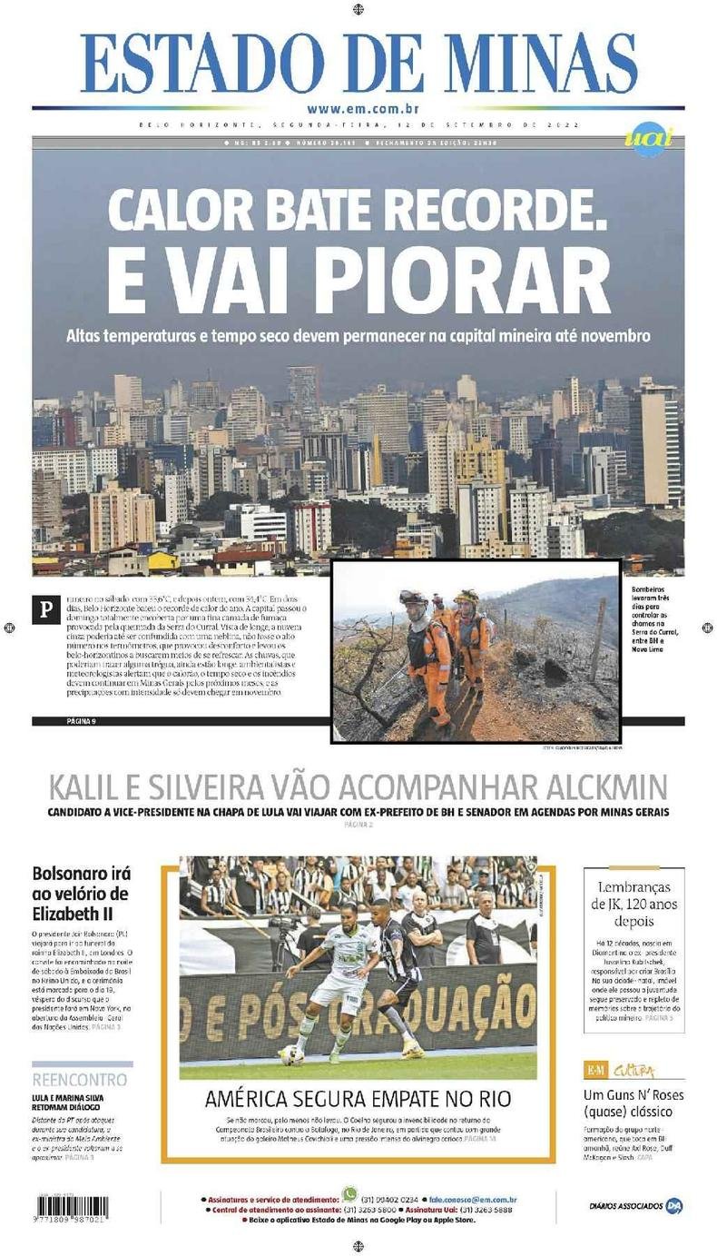 Confira a Capa do Jornal Estado de Minas do dia 12/09/2022