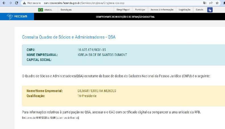 Captura de tela feita em 14 de julho de 2022 do site da Receita Federal 