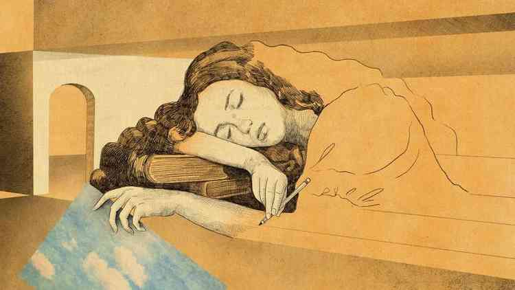 Ilustrao representando sonho. Uma mulher  retratada se desenhando, deitada em um travesseiro de livros,enquanto segura uma folha com o desenho do cu