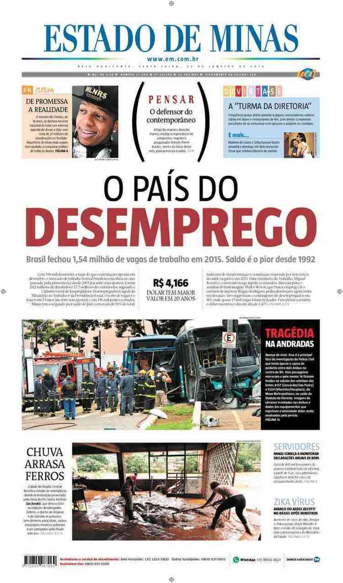 Confira a Capa do Jornal Estado de Minas do dia 22/01/2016