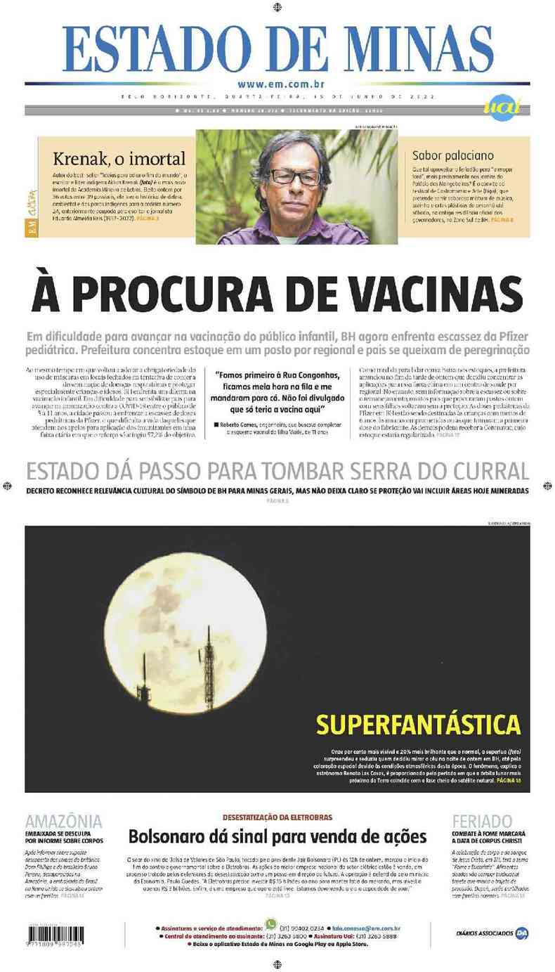 Confira a Capa do Jornal Estado de Minas do dia 15/06/2022
