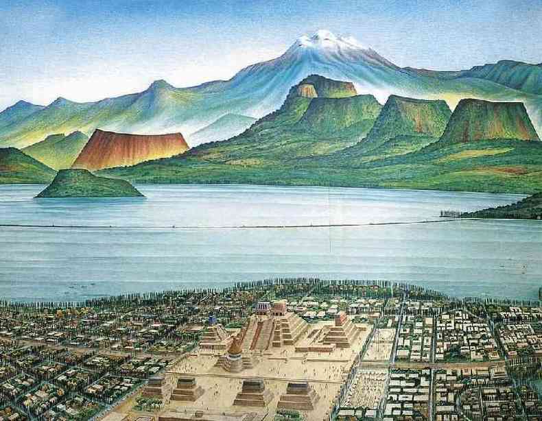 Este desenho mostra uma vista panormica de Tenochtitln e do vale do Mxico, sobre a lagoa de Texcoco(foto: DeAgostini/Getty Images)