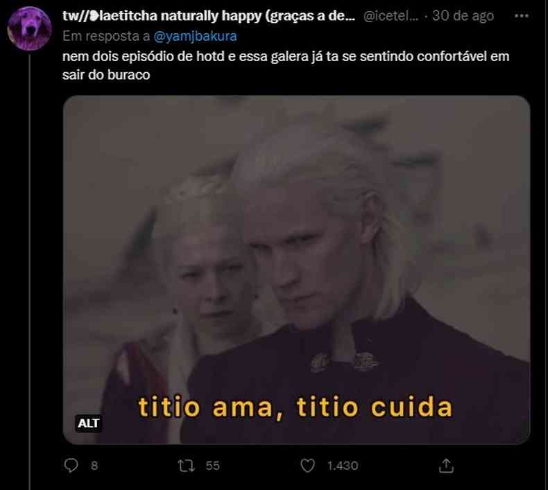 Meme do twitter sobre relao de incesto com a srie House Of Dragons, spinoff de Game of Thrones. A imagem mostra dois Targaryens com os dizeres 'titio ama, titio cuida'