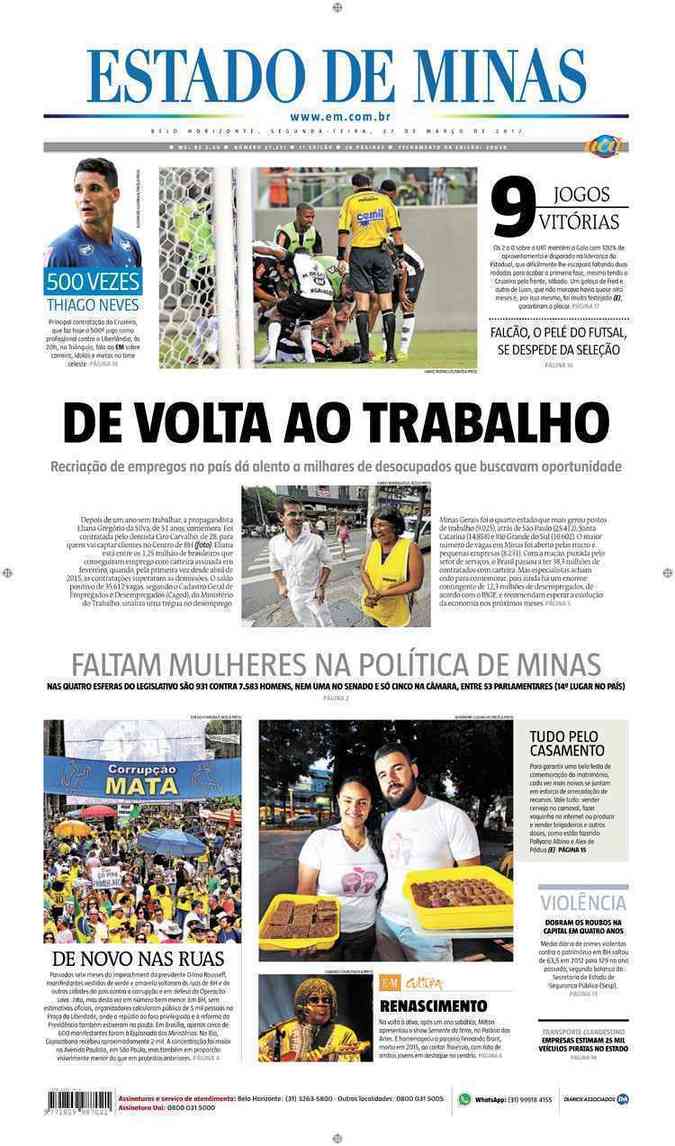 Confira a Capa do Jornal Estado de Minas do dia 27/03/2017