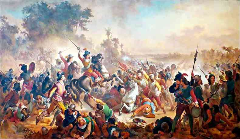 Batalha dos Guararapes, pintura de Victor Meirelles, de 1879, retrata a luta para a expulso dos holandeses de Pernambuco, em 16 de abril de 1648, data que simboliza a criao do Exrcito brasileiro(foto: Wikicommons)