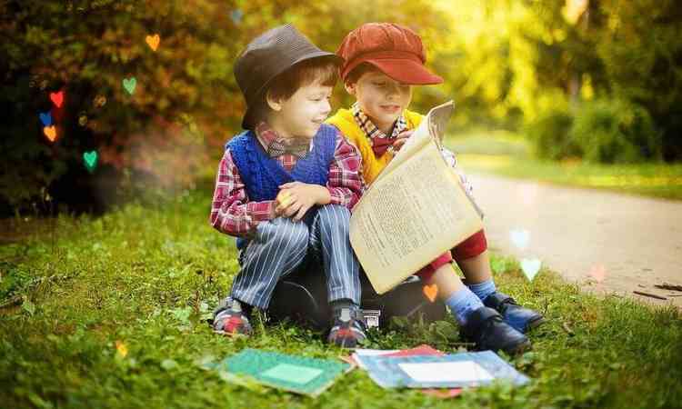 dois garotinhos lendo em um parque