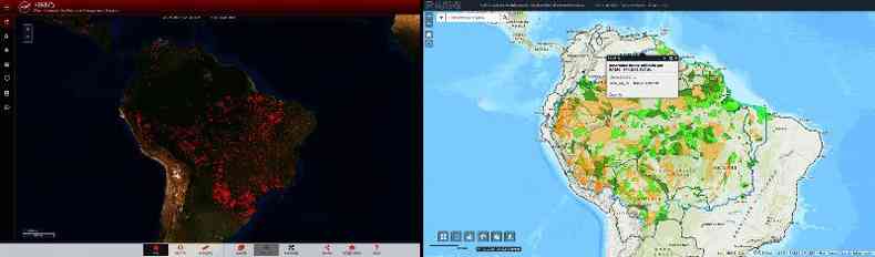 Comparação feita em 24 de julho de 2020 entre imagens de satélite do FIRMS da Nasa e mapa da floresta Amazônica da RAISG