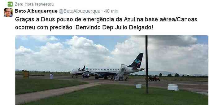 Com defeito mecnico, avio da Azul decolou de Confins e seguia para Porto Alegre(foto: Twitter/Reproduo)