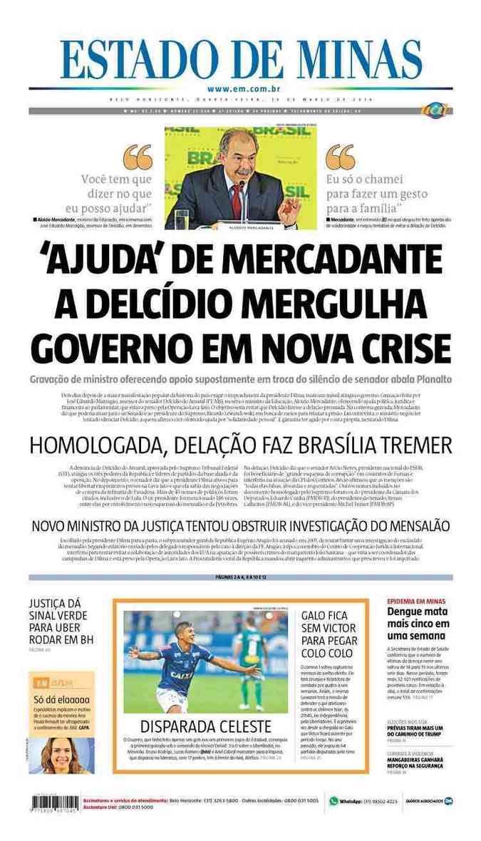 Confira a Capa do Jornal Estado de Minas do dia 16/03/2016