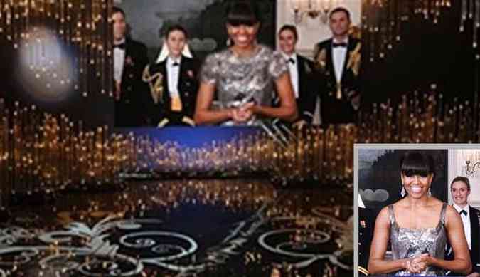 Foto modificada pela agncia iraniana tampa o decote de Michelle Obama, no detalhe a imagem original (foto: Reproduo / Farsnews.com / AFP)