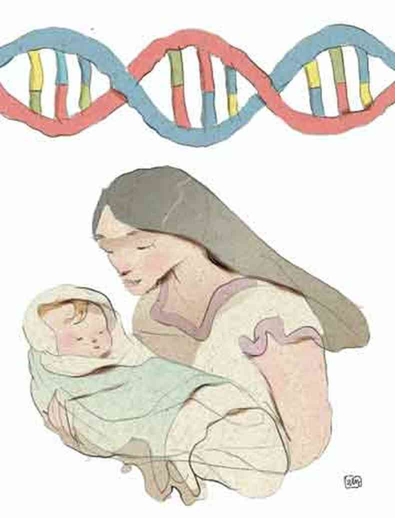 Ilustrao mostra mulher carregando beb. Acima deles, imagem reproduz cadeia do DNA