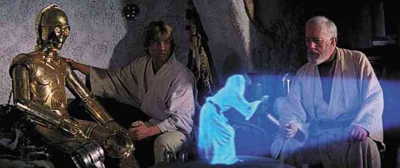 Tecnologia hologrfica foi a sensao no primeiro episdio da saga Star wars: Uma nova esperana (1977). Nela, a princesa Leia pede ajuda atravs de uma projeo do rob R2-D2(foto: Disney/Divulgao)