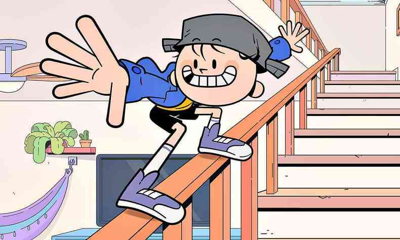 Desenho mostra o Menino Maluquinho escorregando por corrimo de escada, com os braos abertos 