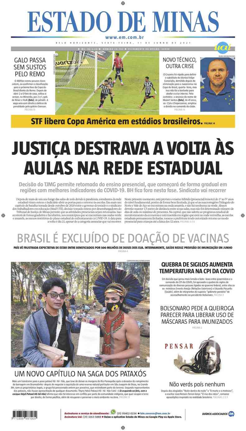 Confira a Capa do Jornal Estado de Minas do dia 11/06/2021(foto: Estado de Minas)