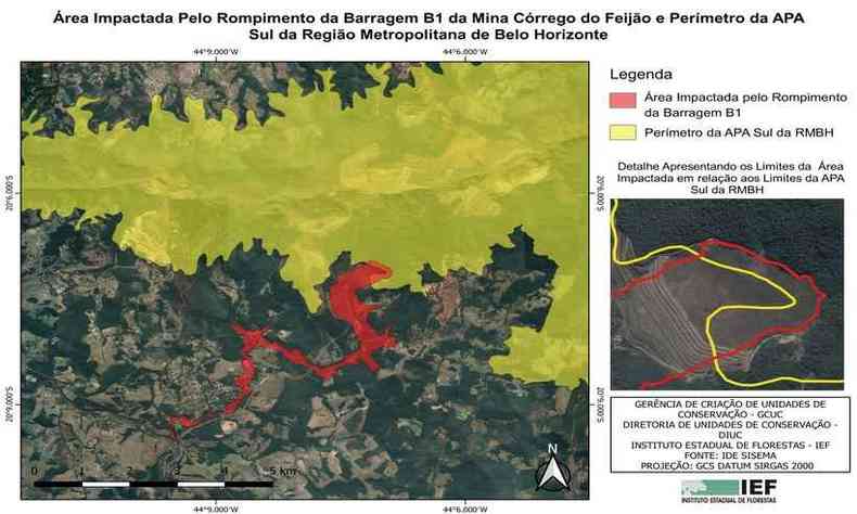 rea atingida pela lama de rejeitos na APA Sul (foto: Instituto Estadual de Florestas (IEF) / Divulgao)