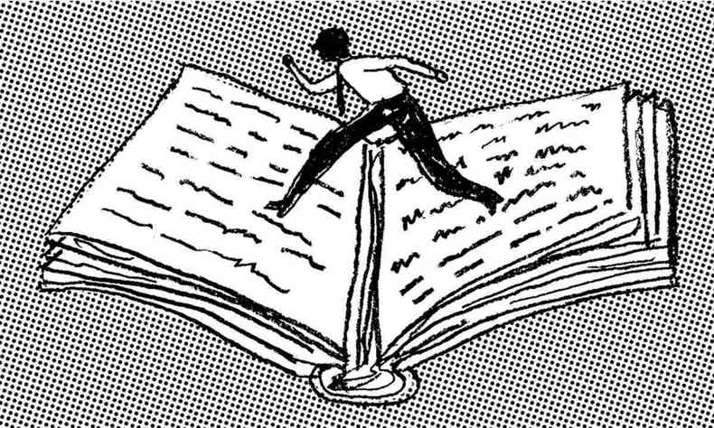 Ilustrao mostra pessoa correndo em pginas de um livro aberto 