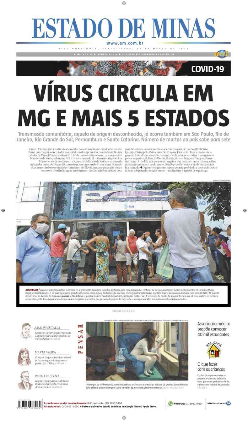 Confira a Capa do Jornal Estado de Minas do dia 20/03/2020(foto: Estado de Minas)