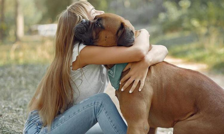 Mulher abraando um cachorro de porte grande 