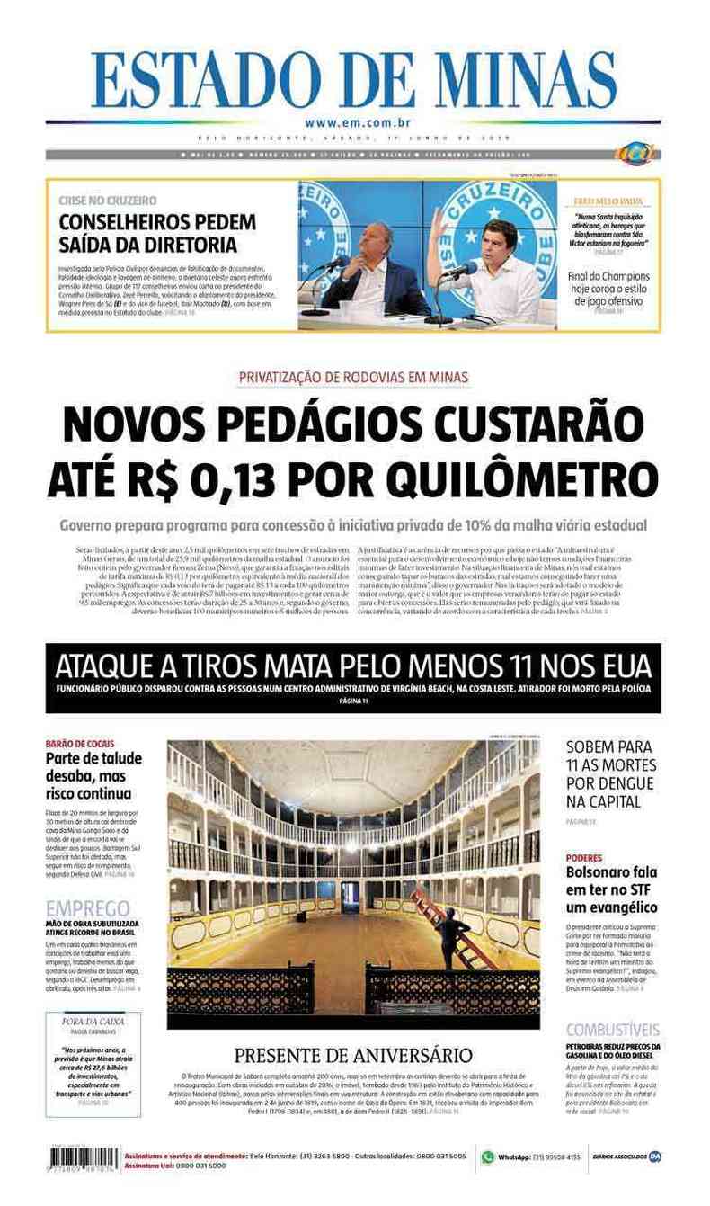 Confira a Capa do Jornal Estado de Minas do dia 01/06/2019(foto: Estado de Minas)