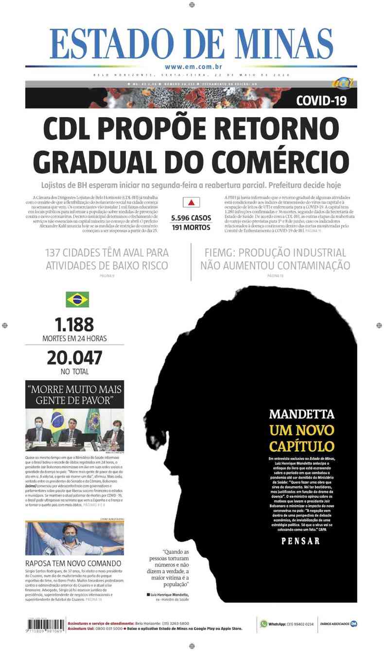 Confira a Capa do Jornal Estado de Minas do dia 22/05/2020(foto: Estado de Minas)