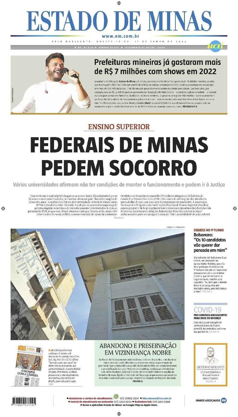 Confira a Capa do Jornal Estado de Minas do dia 01/06/2022