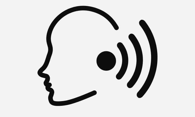 Ilustrao mostra rosto de uma pessoa de perfil, com sinais saindo de seu ouvido