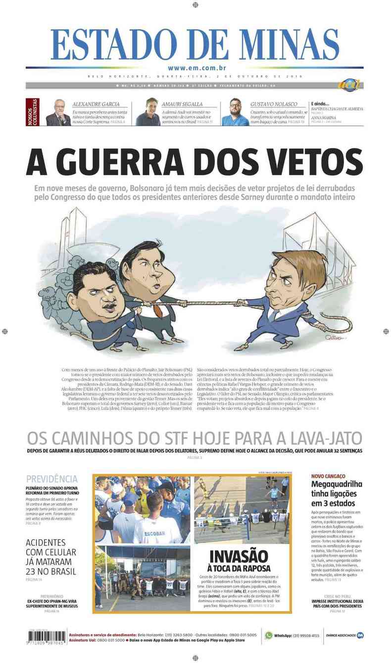 Confira a Capa do Jornal Estado de Minas do dia 02/10/2019(foto: Estado de Minas)