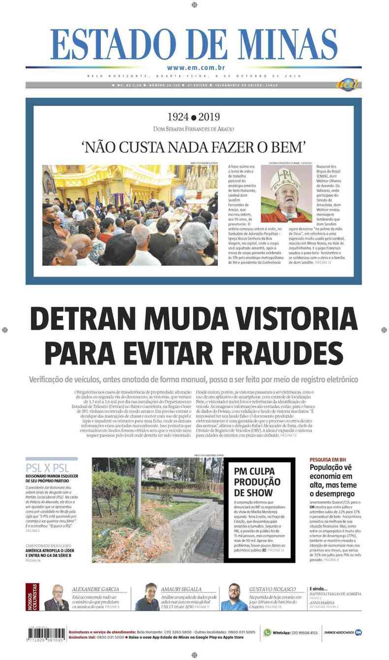 Confira a Capa do Jornal Estado de Minas do dia 09/10/2019(foto: Estado de Minas)