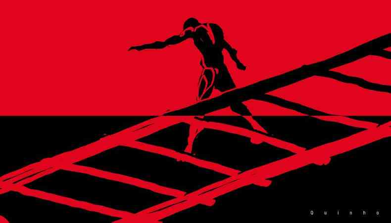 Ilustração com fundo preto e vermelho mostra homem tentando se equilibrar nos trilhos