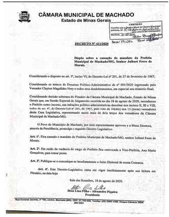 A deciso foi publicada no Jornal Oficial da Cmara de Vereadores da cidade(foto: Jornal Oficial da Cmara de Vereadores)