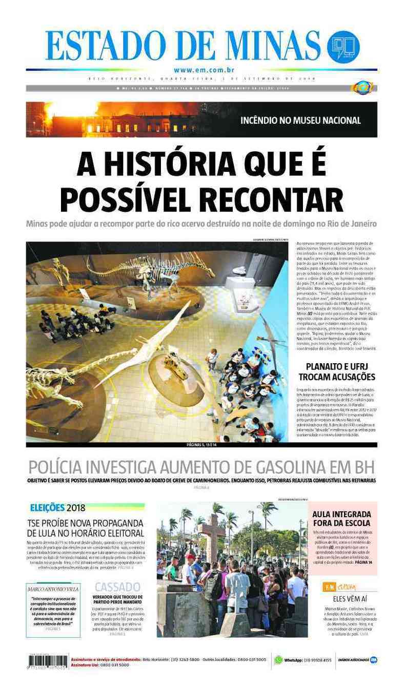 Confira a Capa do Jornal Estado de Minas do dia 05/09/2018(foto: Estado de Minas)