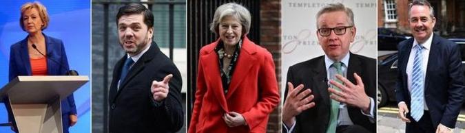 Stephen Crabb, Andrea Leadsom, Liam Fox, Theresa May e Michael Gove concorrem ao cargo de primeiro-ministro do Reino Unido(foto: AFP) Stephen Crabb, Andrea Leadsom, Liam Fox, Theresa May e Michael Gove concorrem ao cargo de primeiro-ministro do Reino Unido(foto: AFP)