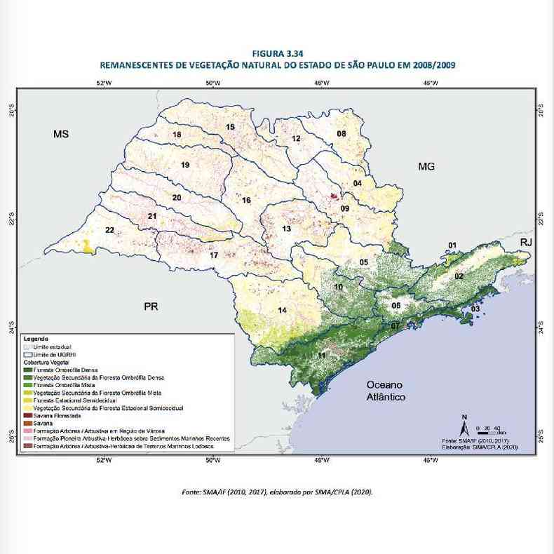 Mapa mostra que remanescentes de vegetao nativa no Estado de So Paulo se concentram no litoral