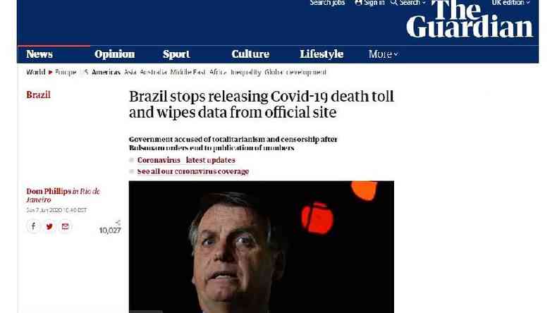 Jornal britnico The Guardian disse que governo brasileiro foi acusado de `totalitarismo e censura` ao mudar metodologia de nmeros de covid-19(foto: Reproduo/Guardian)