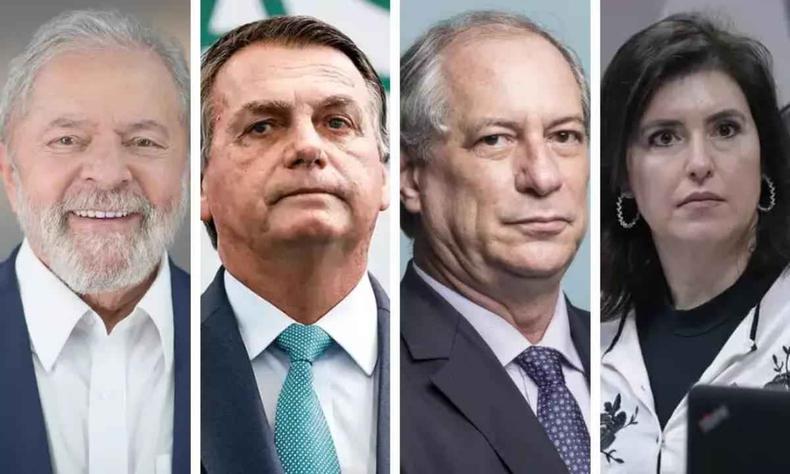 Fotomontagem com fotos de Lula, Bolsonaro, Ciro e Tebet 